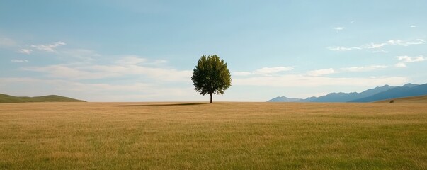 Poster - A solitary tree stands tall in a vast golden field under a clear sky, surrounded by distant mountains, evoking a sense of tranquility and solitude.