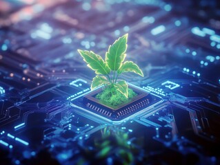 Fototapete - Technology Meets Nature: A Green Plant Growing from a Microchip on a Futuristic Circuit Board with Neon Blue Lights and Digital Elements