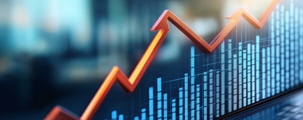 Poster - a dynamic upward trend is depicted with a vibrant orange line chart against a data background, symbo