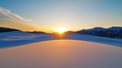 Poster - A serene sunset over undulating sand dunes, showcasing soft colors and a tranquil atmosphere under a clear sky.