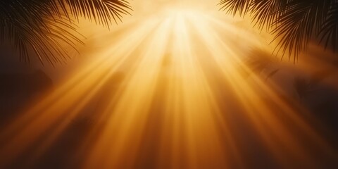 Poster - A warm, golden light breaks through dark clouds, creating a serene atmosphere framed by palm leaves.