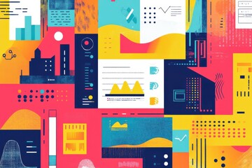 Poster - A vibrant collage featuring colorful graphic elements, charts, and abstract shapes, ideal for design, data visualization, or digital art themes.