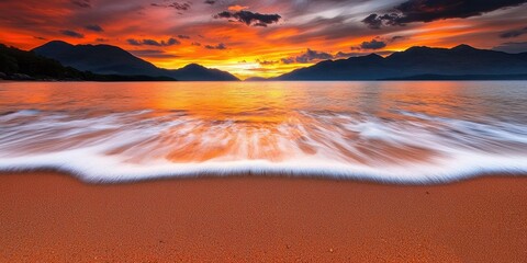 Aufkleber - A breathtaking sunset over a tranquil beach, with vibrant colors reflecting on the calm water and gentle waves lapping at the shore.