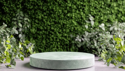 Poster - Minimalist Display Platform Surrounded by Lush Greenery, Ideal for Product Photography with Natural Aesthetic and Tranquil Vibes