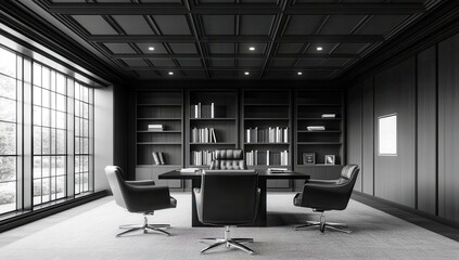 Poster - Modern Black and White Office Interior with Sleek Furniture, Large Windows, and Elegant Design Elements for Professional Environment