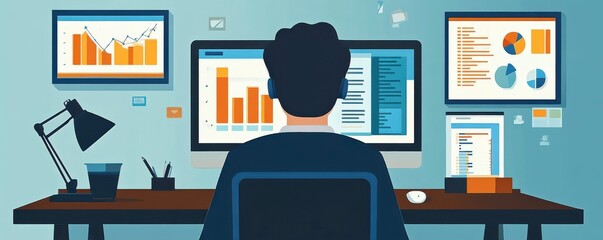Poster - A person is working at a desk, focused on multiple computer screens displaying charts and graphs, in a modern office environment.