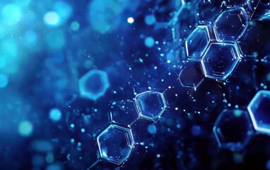 Fototapete - Abstract Representation of Molecular Structures with Blue Bokeh Effects and Glowing Hexagonal Shapes in a Science and Technology Theme
