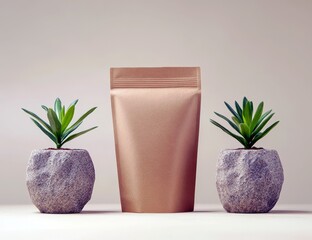 Poster - Modern Minimalist Display of Succulent Plants Flanking a Copper Pouch on a Soft Gradient Background in an Aesthetic Arrangement