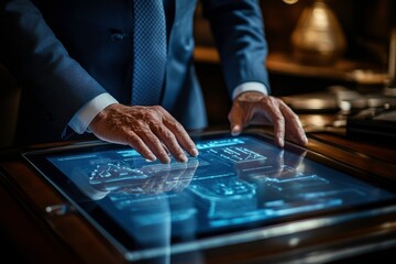 Poster - A well-dressed individual interacts with a futuristic touchscreen display, showcasing advanced technology and data analysis in a sophisticated environment.