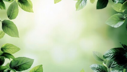 Poster - Fresh Green Leaves Frame with Soft Light Background for Nature or Eco-Themed Designs and Projects, Perfect for Blogs or Social Media Posts