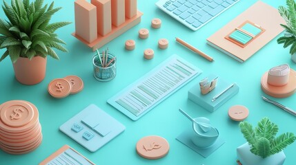 Poster - A vibrant workspace with pastel colors, featuring plants, a keyboard, charts, and various office supplies, creating a modern and organized atmosphere.