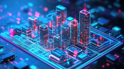 Poster - Futuristic Cityscape Integrated on a High-Tech Circuit Board Design