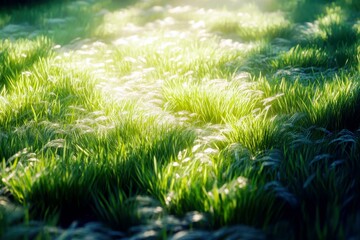 Poster - Lush Green Grass with Gentle Sunlight Illuminating Soft Blades in a Natural Landscape during Golden Hour for Tranquil Ambience and Calm Atmosphere
