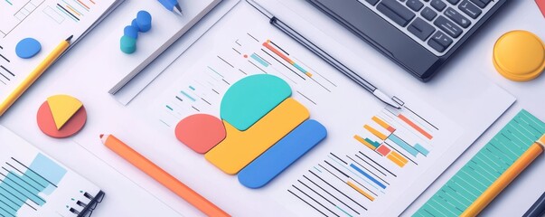 Poster - A colorful workspace displaying charts, graphs, and office supplies organized around a laptop, emphasizing data analysis and visual representation.