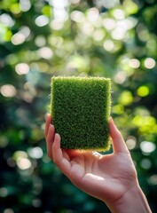 Poster - Hand Holding a Square Piece of Green Grass in Natural Atmosphere with Beautiful Bokeh Background and Fresh Vibes of Nature Inspired Art
