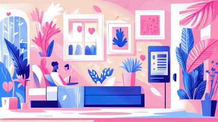 Poster - Cozy Remote Work Setup: Person Working from Home Surrounded by Plants and Artwork