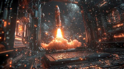 Wall Mural - cosmic launch: a futuristic rocket ascends through a cyberpunk-inspired space station, igniting the 