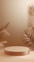 Poster - A sophisticated arrangement featuring a round pedestal placed against a serene brown backdrop, accompanied by lush tropical leaves, creating a harmonious atmosphere ideal for product showcase