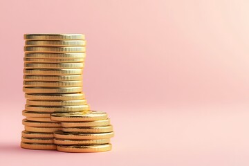 Wall Mural - A stack of shiny gold coins on a soft pink background, symbolizing wealth and prosperity.