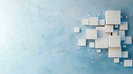 Poster - Abstract Composition of White Cubes on Light Blue Background with Geometric Shapes and Lines in Modern Design Aesthetic