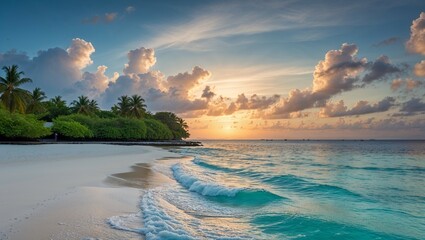 Wall Mural - Sunset over the ocean at a sandy beach with waves and a colorful sky