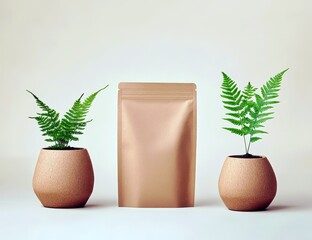 Poster - Elegant Minimalist Display with Two Potted Ferns and a Matte Bronze Stand-Up Pouch Against a Soft Neutral Background