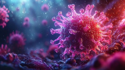 Poster - Glowing 3D Model of Virus Particle with Intricate Spikes Floating in Dark Environment with Vibrant Lighting Effects