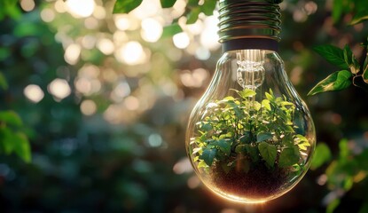 Poster - Spark of Nature: A Glass Light Bulb Containing Lush Green Plants Demonstrating the Fusion of Technology and Environmental Harmony in a Dreamy Setting