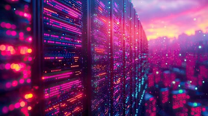 Wall Mural - Abstract Futuristic Data Center: Neon Lights and Digital Streams. A mesmerizing vision of technological innovation and progress in the digital age.