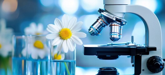 Poster - Stunning Close-Up of a Microscope Surrounded by Fresh Daisies and Water in a Bright Laboratory Setting