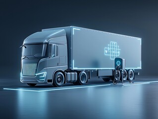 Poster - Hydrogen-powered electric truck refueling at a futuristic H2 station, streamlined design with digital energy indicators, sustainable transportation revolution, zero-emission technology, clean energy