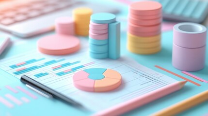 Poster - a vibrant workspace featuring colorful graphs, charts, and stacks of coins, ideal for financial anal