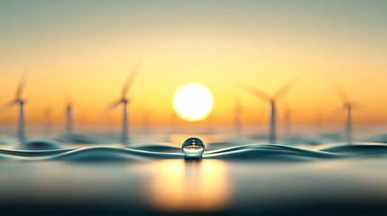 Poster - Massive offshore wind farm at sunset, towering wind turbines harnessing ocean breezes, deep blue waters, golden sunlight reflections, sustainable energy production, futuristic environmental