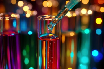 Poster - Colorful test tubes with a dropper injecting liquid, showcasing vibrant hues and a festive bokeh background for scientific exploration and experiments