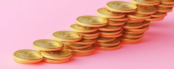 Wall Mural - A stack of shiny gold coins arranged in a diagonal line against a pink background, suggesting wealth and financial growth.