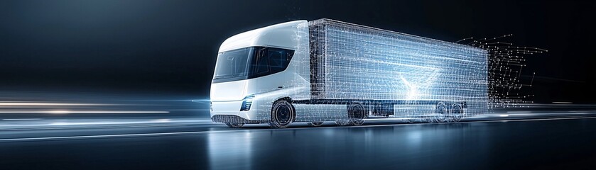 Poster - Futuristic highway with autonomous electric trucks powered by hydrogen fuel cells, digital road signs displaying energy efficiency data, clean and green logistics, cutting-edge transportation,