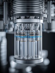 Poster - Close-up of a scientist testing hydrogen fuel cell efficiency in a modern laboratory, high-tech instruments, digital energy interface, advanced clean energy research, precision engineering,