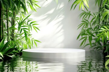 Poster - Serene Minimalist Platform Surrounded by Lush Green Bamboo Leaves in Still Water for Tranquil and Calming Background or Presentation Setting