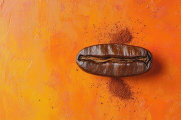 Wall Mural - Glossy coffee bean with coffee powder on vibrant orange surface