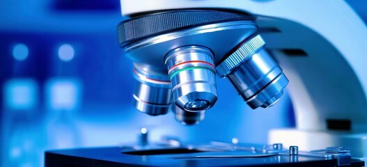 Poster - Close-Up View of a Modern Laboratory Microscope with Multiple Objective Lenses and Illuminated Stage for Scientific Research and Analysis