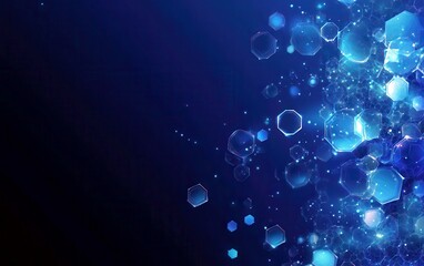 Poster - Abstract blue background with shimmering hexagons and glowing circles creating a modern technology-inspired design suitable for digital projects and presentations.