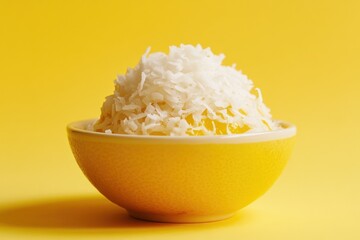 Wall Mural - Bowl containing shredded coconut set against a yellow background