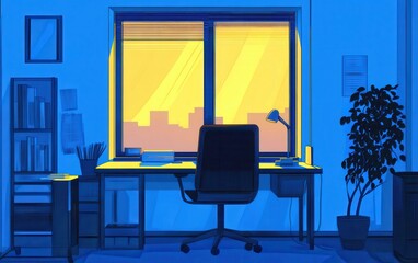 Poster - Cozy Workspace with Desk and Chair by Window at Dusk Illuminated in Soft Blue and Yellow Tones, Featuring Minimalist Design and Urban View