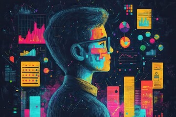 Poster - a vibrant digital illustration of a person with glasses, surrounded by colorful data visualizations,