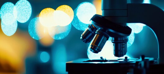 Poster - Close-Up of a Microscope with Bokeh Lights in the Background Showcasing Scientific Research and Innovation in a Laboratory Environment