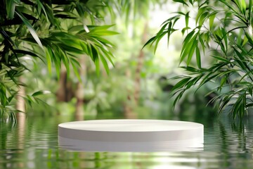 Poster - Serene Circular Display Stand Surrounded by Lush Green Foliage and Calm Water in a Tranquil Nature Setting