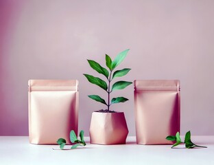 Poster - Minimalist arrangement of two elegant bags and a stylish pot with green plant on a soft pastel background for sustainable lifestyle and eco-friendly concepts
