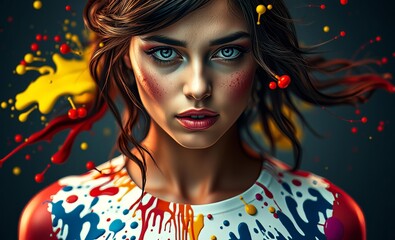 Stunning female portrait with vibrant paint splashes showcasing a fusion of colors and emotional depth 4k wallpaper background abstract wallpaper modern design