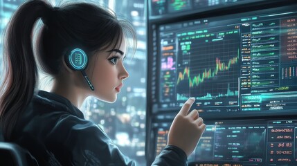 Poster - A young woman analyzes digital data on multiple screens, wearing headphones, in a futuristic environment filled with graphs and technology.