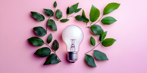 Poster - Creative light bulb surrounded by vibrant green leaves on a soft pink background symbolizing innovation, nature, and sustainability in design